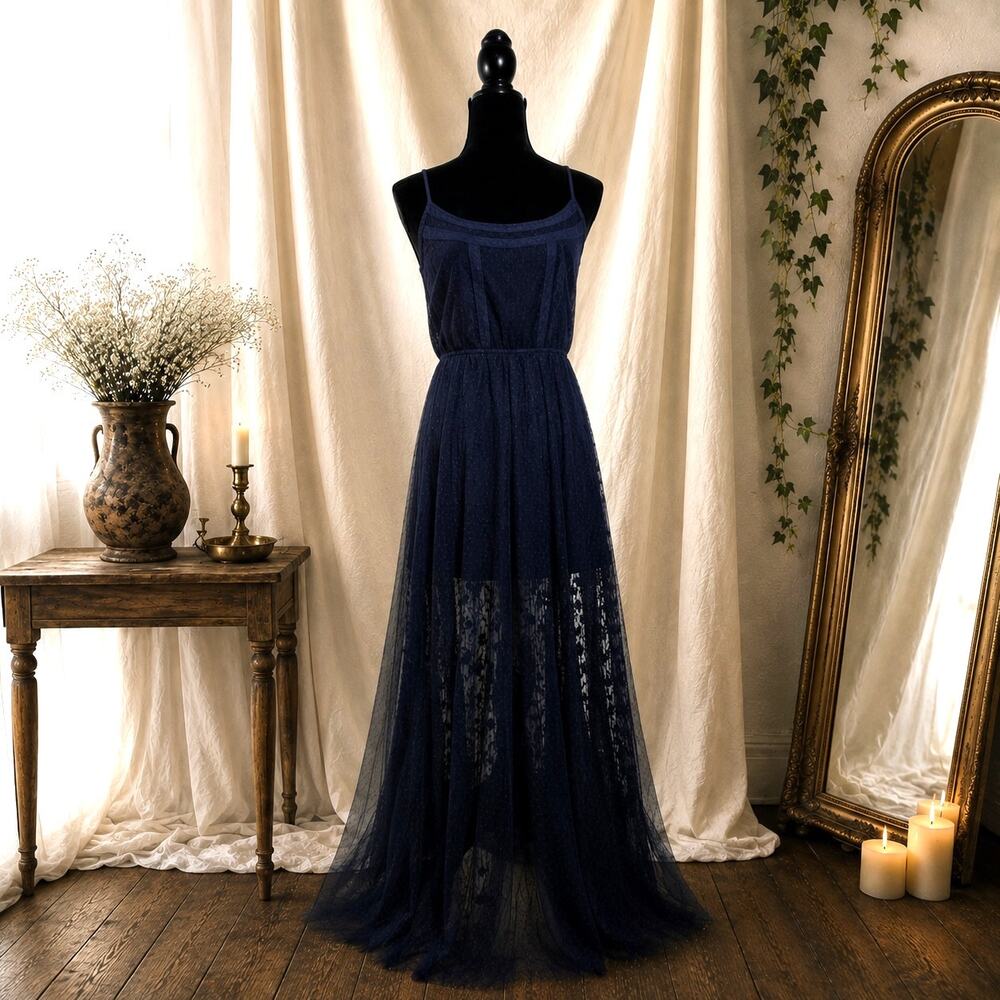 Abercrombie & Fitch Navy Blue Lace Cami Maxi Dress Size S Retro Boho Fairy